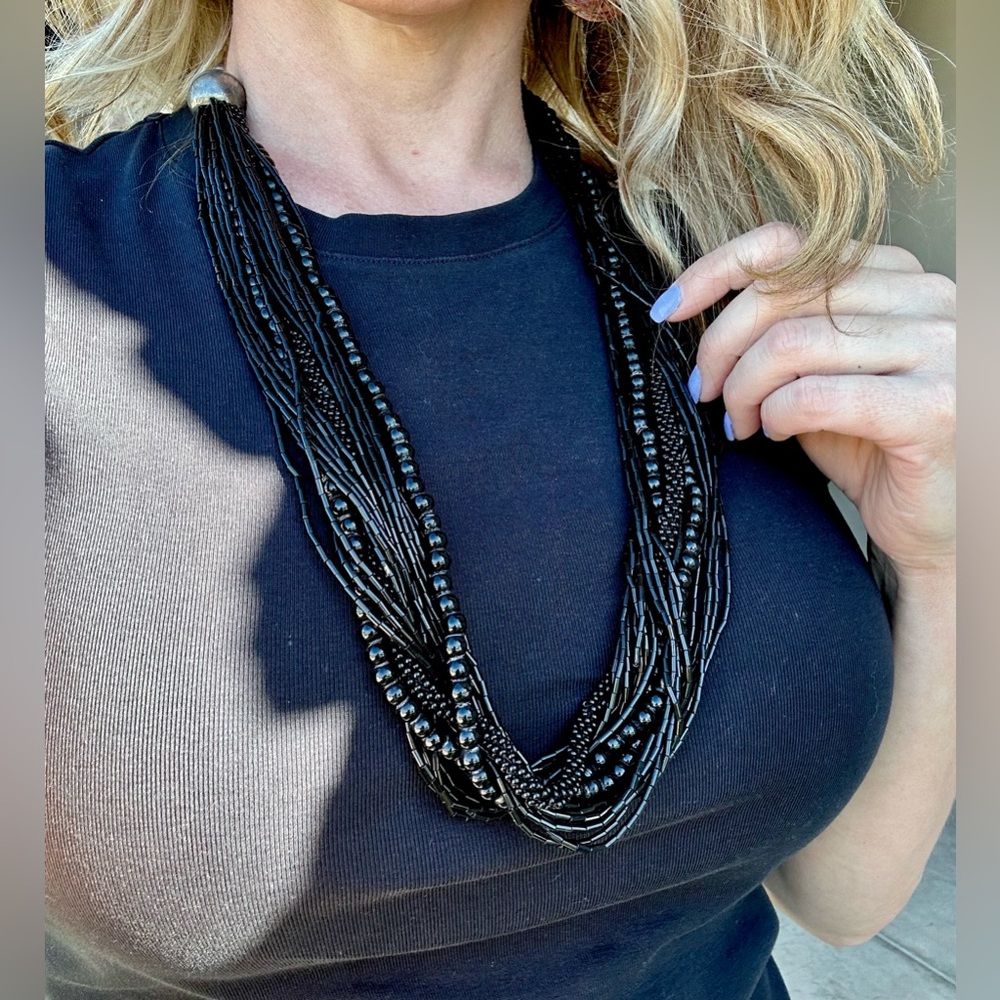 Vintage Multi-Strand Black Beaded Necklace - Women Jewelry